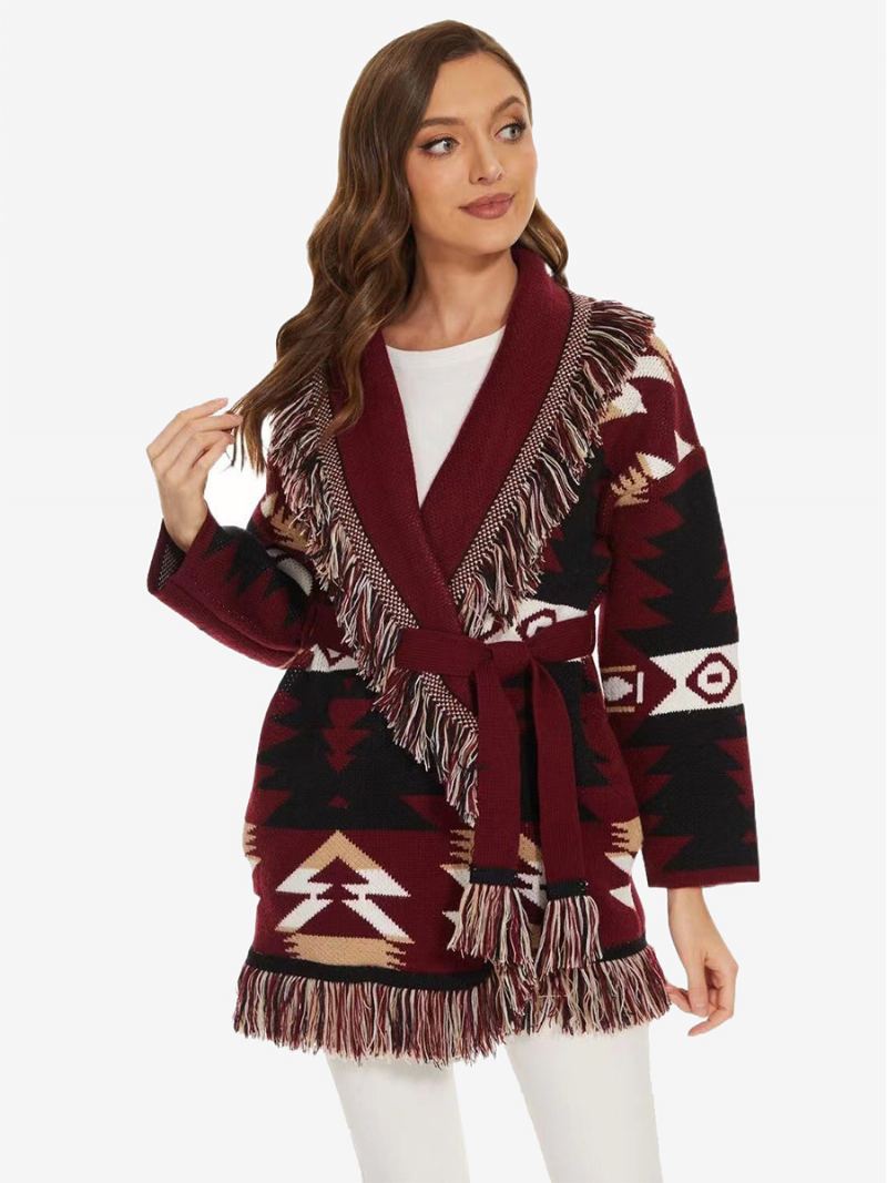 Jacquard Cardigans For Kvinner Geometrisk Dusk Trim Belted Ullblanding Boho Genser