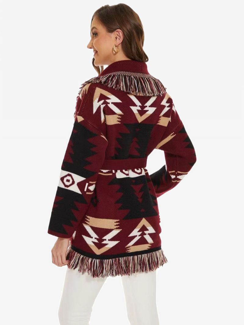 Jacquard Cardigans For Kvinner Geometrisk Dusk Trim Belted Ullblanding Boho Genser - Burgunder