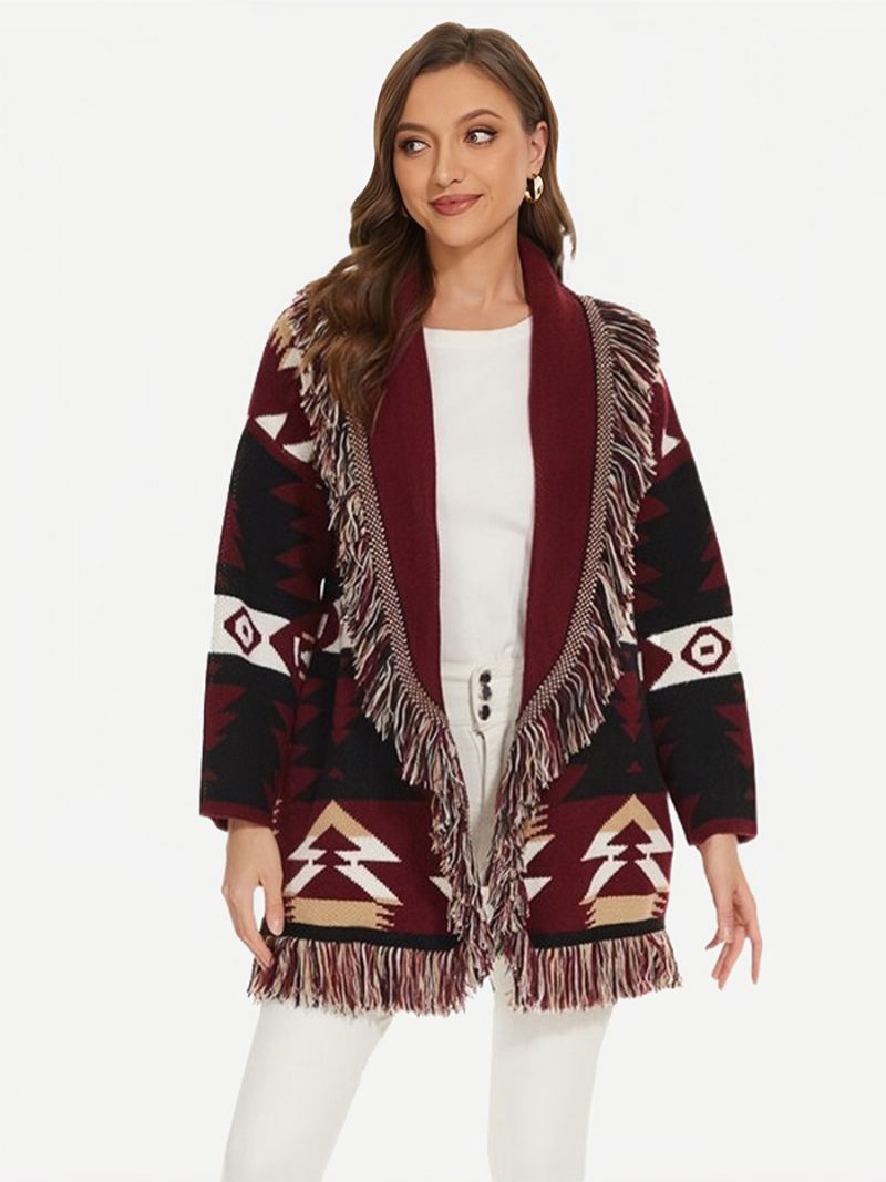 Jacquard Cardigans For Kvinner Geometrisk Dusk Trim Belted Ullblanding Boho Genser - Burgunder