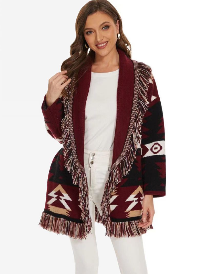Jacquard Cardigans For Kvinner Geometrisk Dusk Trim Belted Ullblanding Boho Genser - Burgunder