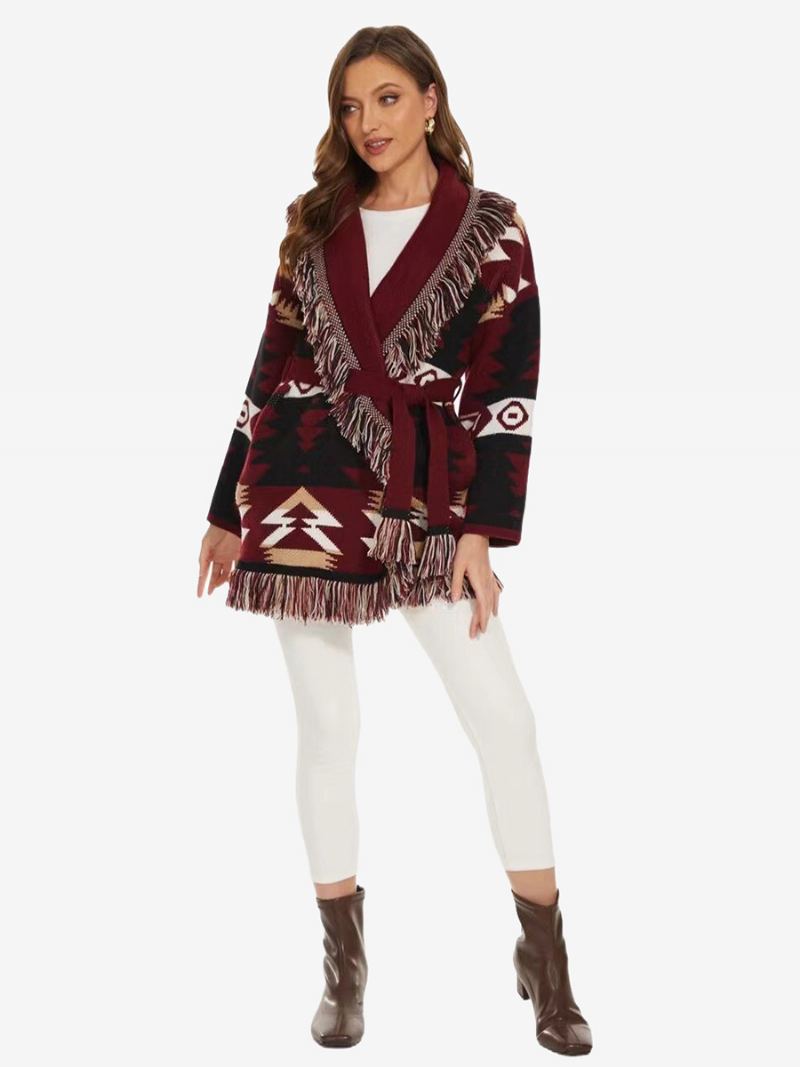 Jacquard Cardigans For Kvinner Geometrisk Dusk Trim Belted Ullblanding Boho Genser - Burgunder