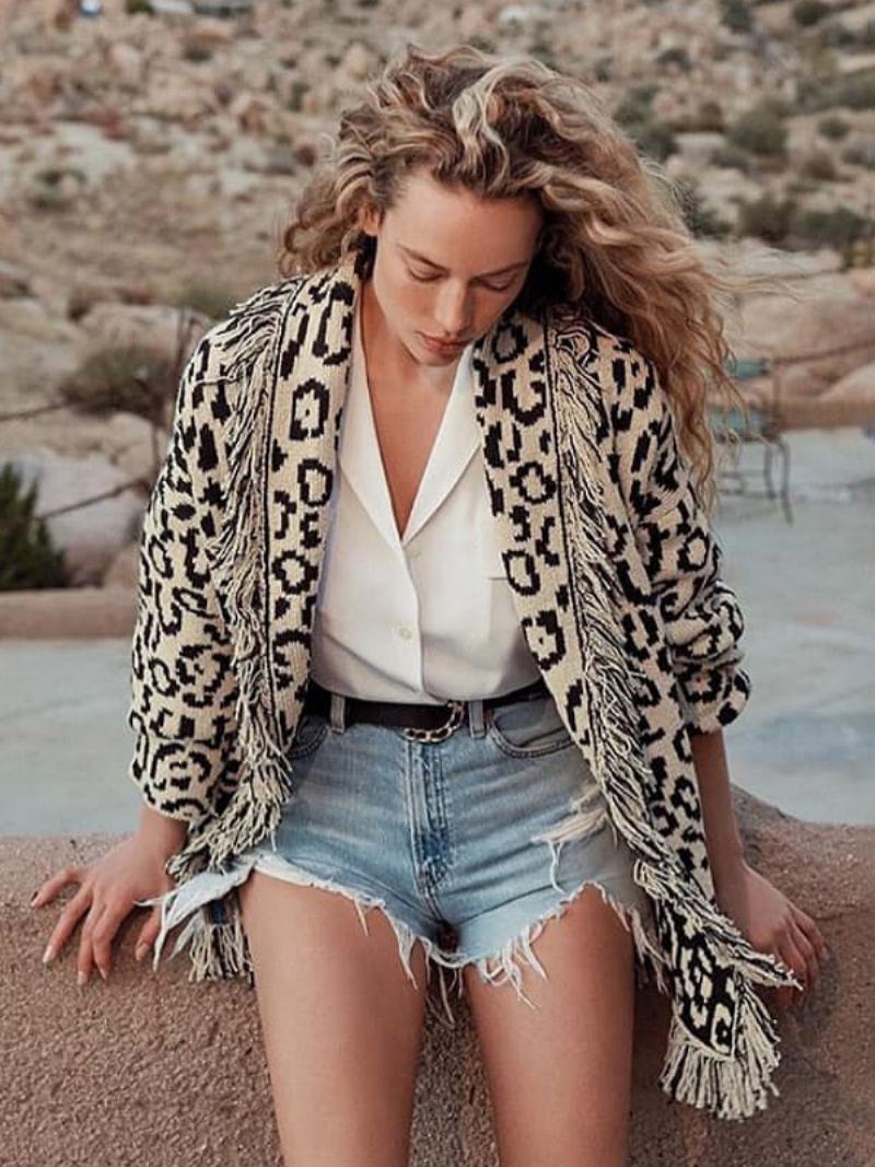 Jacquard Cardigans For Kvinner Leopard Dusk Trim Belted Wool Blend Boho Genser