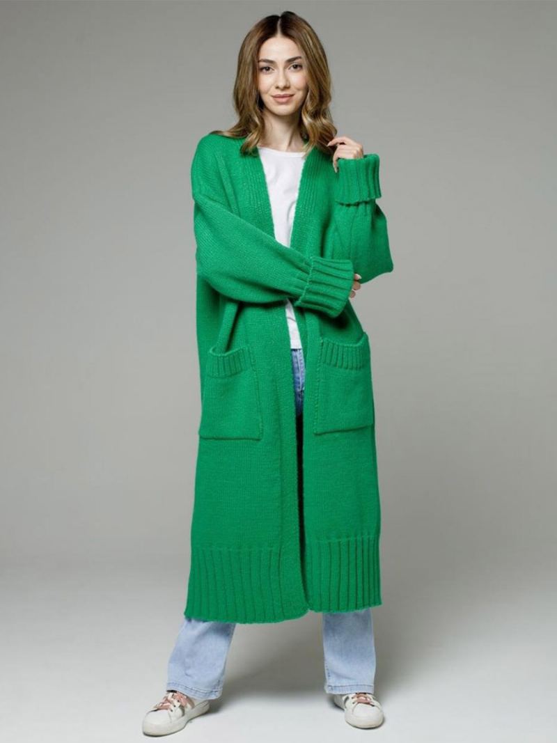 Longline Cardigan Langermet Drop Shoulder Ribbed Damegenser - Grønn