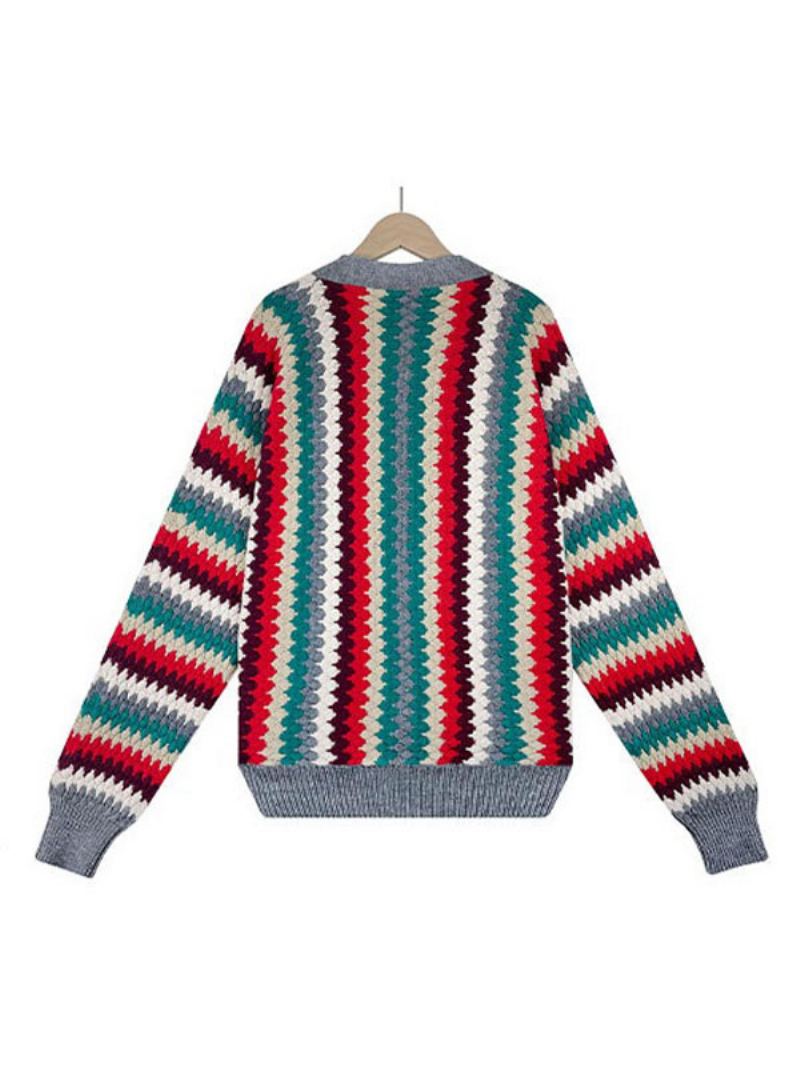 Strikket Cardigan Regnbuefarger Langermet Knapp Uformell Avslappet Passform Vår Høst Kort Yttertøy For Kvinner - Grå