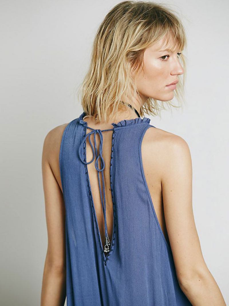 Boho Kjole Ermeløs V-hals Brodert Bohemian Gypsy Beach Ferie Blågrønn Sommer Lang Tank For Kvinner - Blågrønn