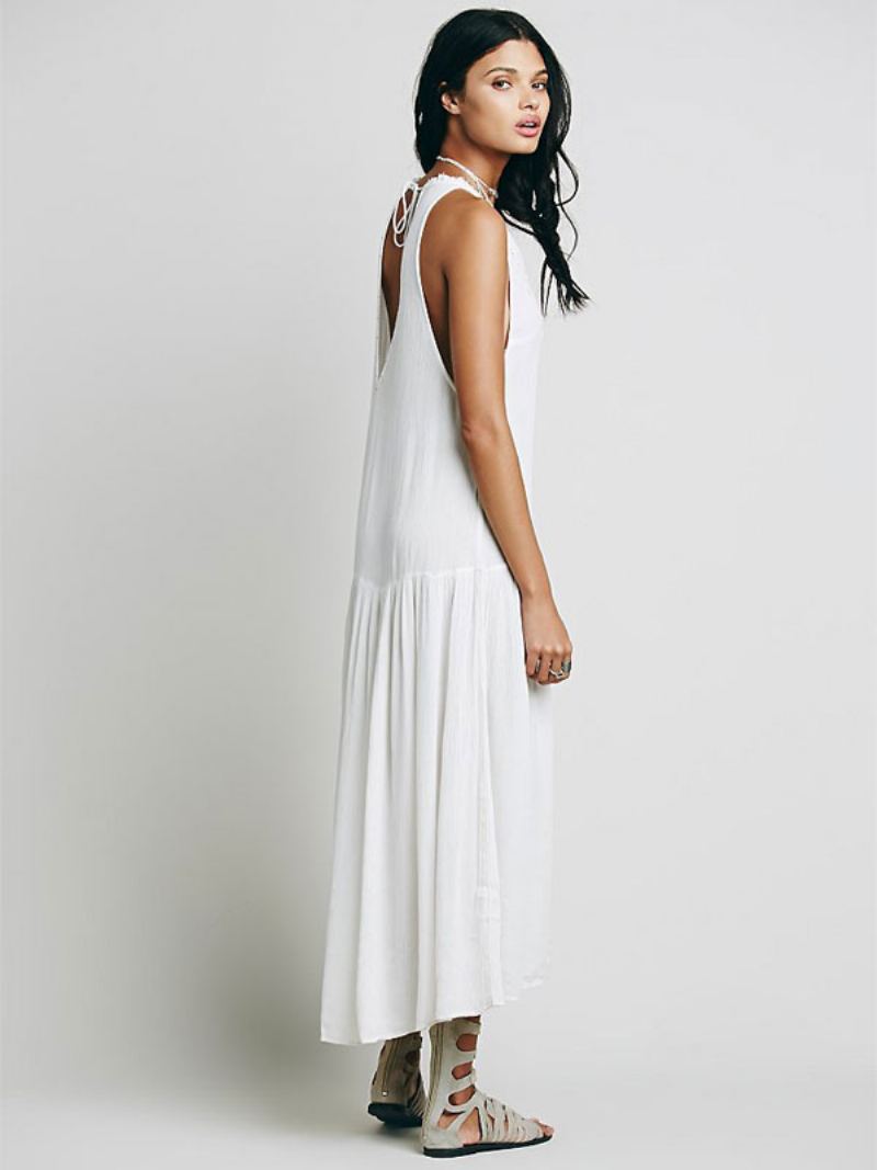 Boho Kjole Ermeløs V-hals Brodert Bohemian Gypsy Beach Ferie Blågrønn Sommer Lang Tank For Kvinner - Hvit