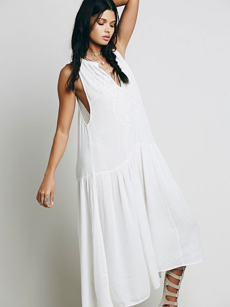 Boho Kjole Ermeløs V-hals Brodert Bohemian Gypsy Beach Ferie Blågrønn Sommer Lang Tank For Kvinner - Hvit