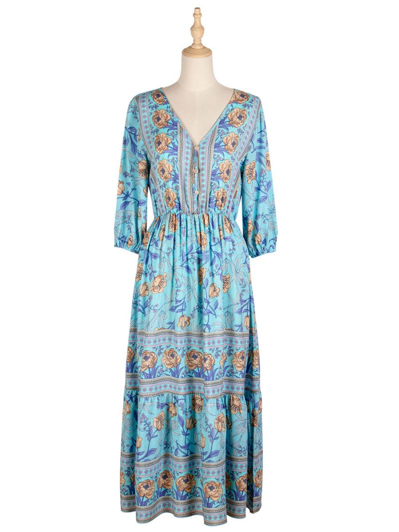 Boho-kjole For Kvinner V-hals Halve Ermer Med Blomstertrykt Stretch-plissert Maxi Strandkjole - Lys Himmelblå