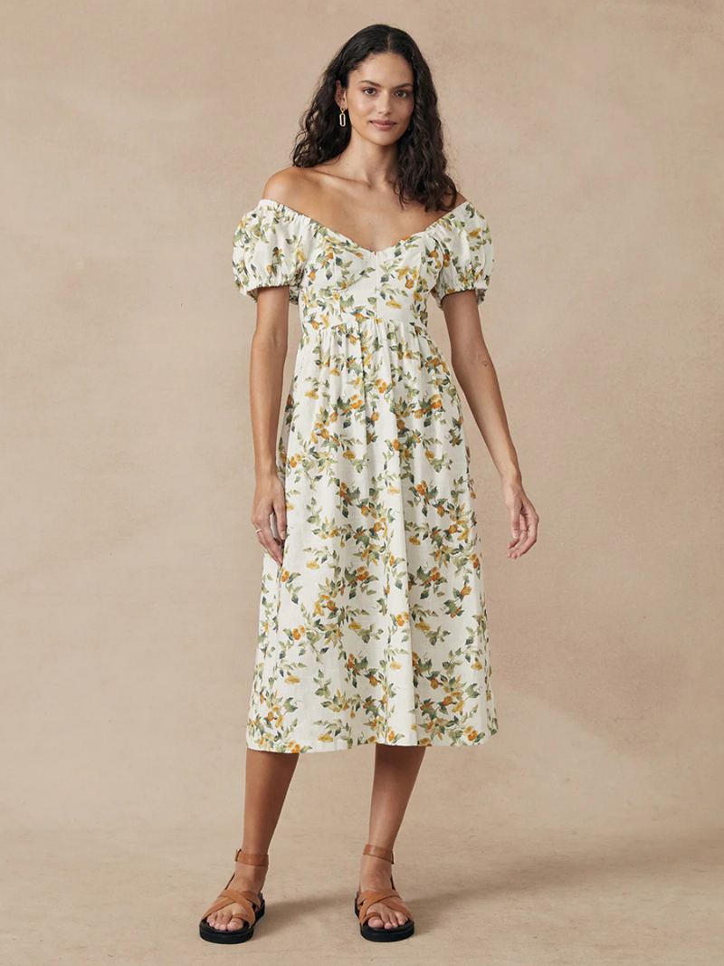 Kvinners Boho-kjole Bateau-hals Med Korte Ermer Blomstertrykk Plissert Sommerkjole - Beige