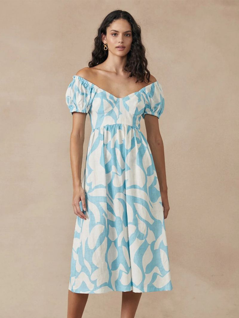 Kvinners Boho-kjole Bateau-hals Med Korte Ermer Blomstertrykk Plissert Sommerkjole - Lys Himmelblå