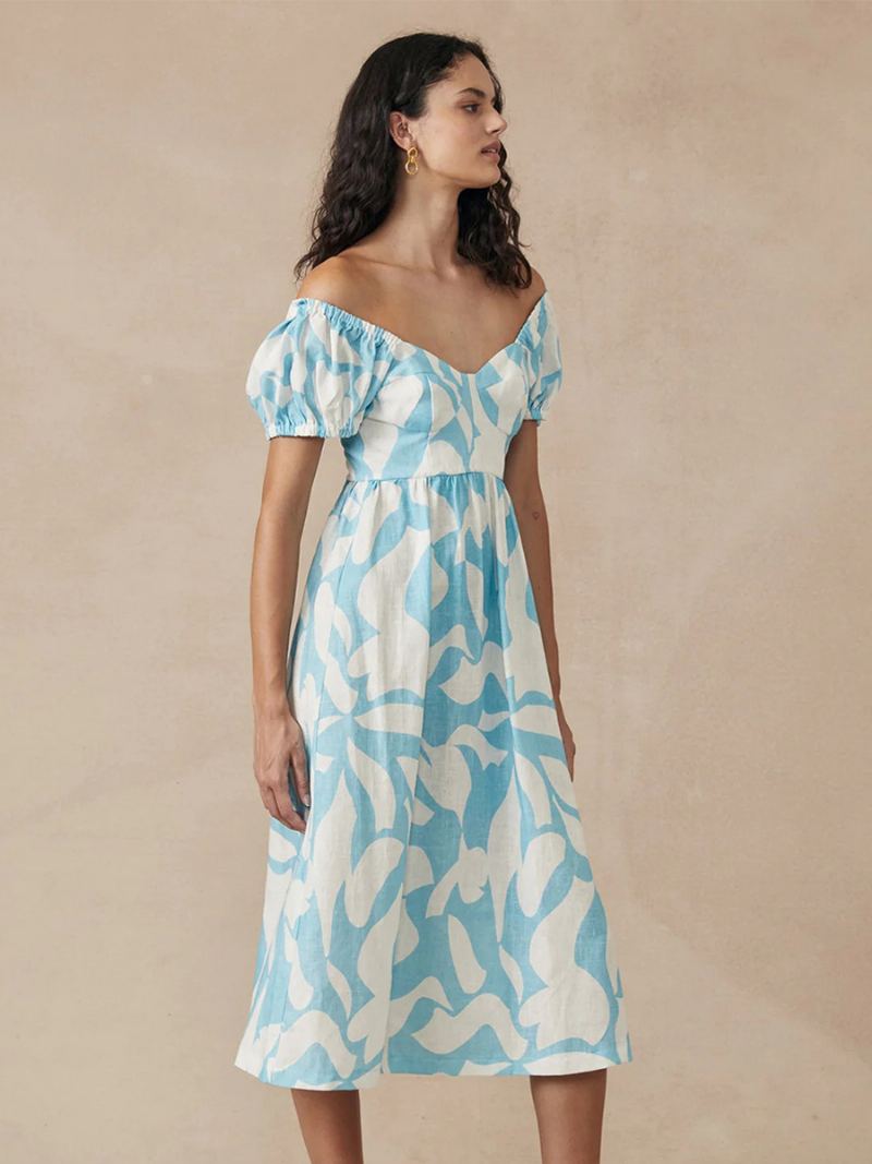 Kvinners Boho-kjole Bateau-hals Med Korte Ermer Blomstertrykk Plissert Sommerkjole - Lys Himmelblå