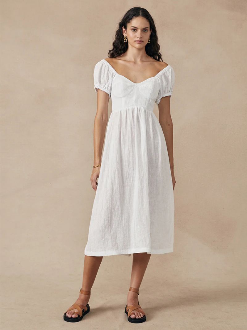 Kvinners Boho-kjole Bateau-hals Med Korte Ermer Blomstertrykk Plissert Sommerkjole - Hvit