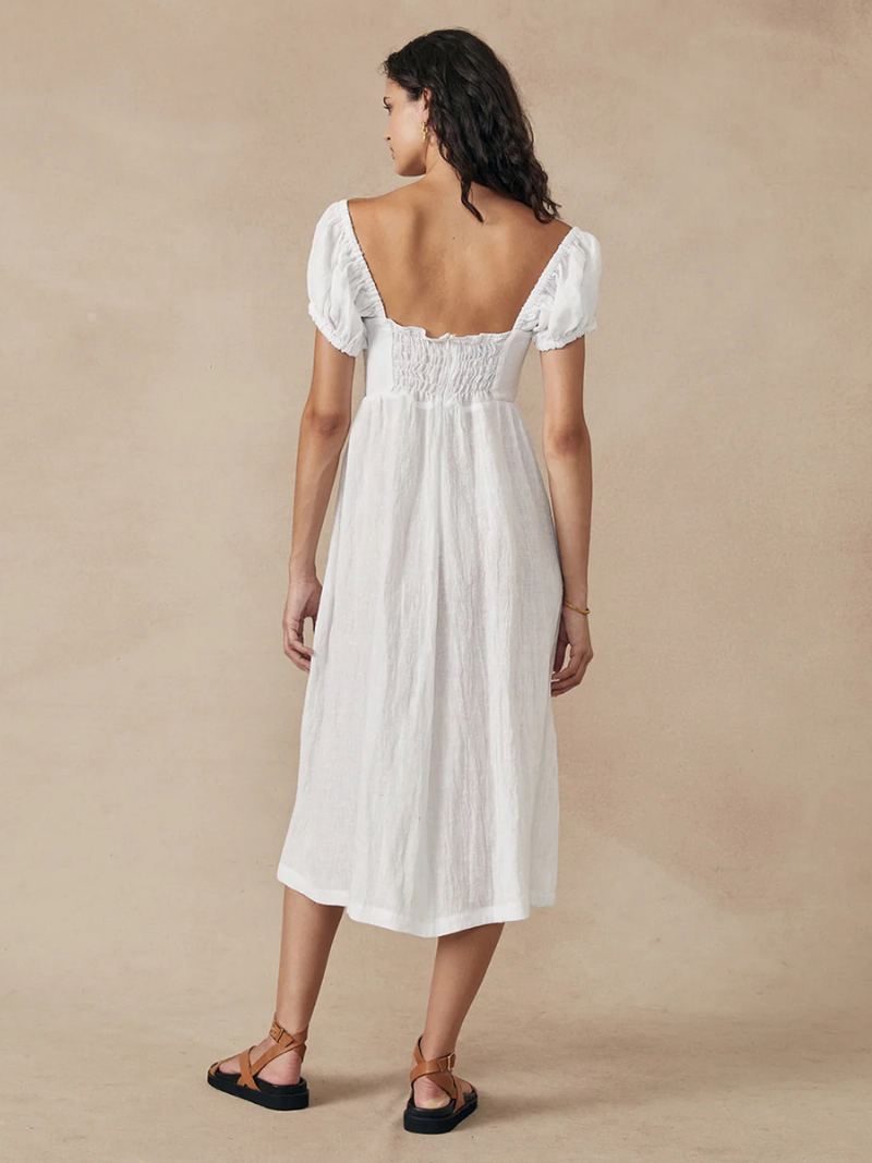 Kvinners Boho-kjole Bateau-hals Med Korte Ermer Blomstertrykk Plissert Sommerkjole - Hvit
