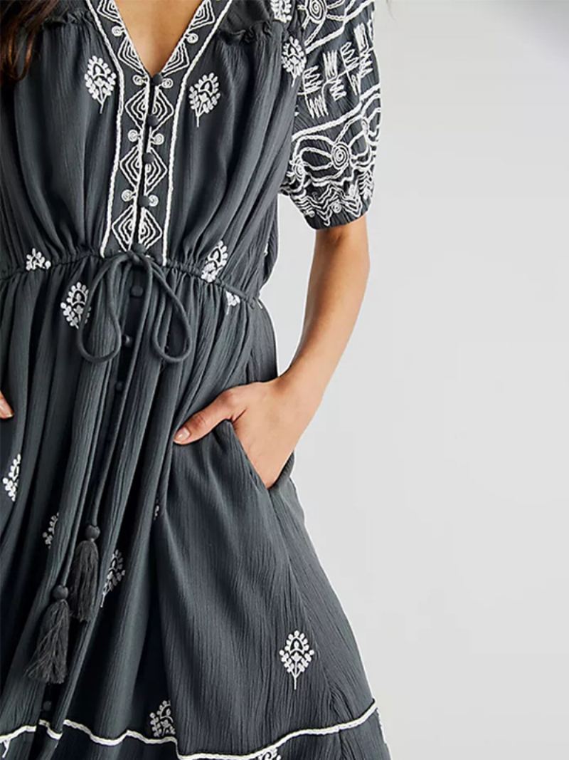 Kvinners Boho-kjole Geotrykt V-hals Belted Slit Summer Beach Maxi-kjoler - Dyp Grå