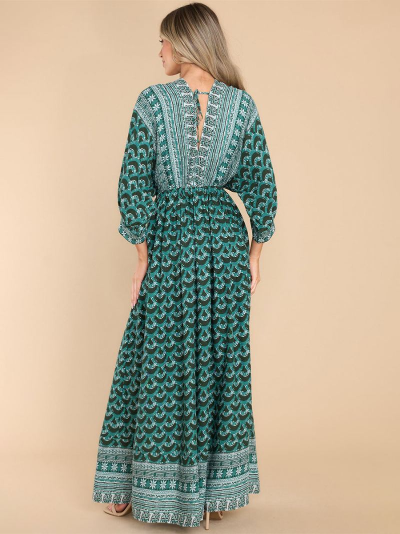 Kvinners Boho Kjole Print V-hals High Cut Daily Casual Maxi Beach Dresses - Grønn