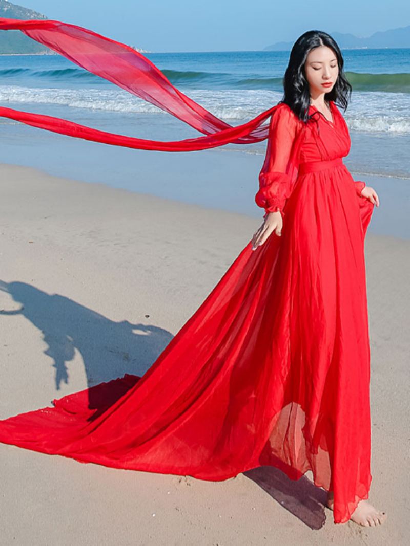 Kvinners Fairy White Maxi Dress Plunge V-back Illusion Tyll Overlay Festkjoler - Rød