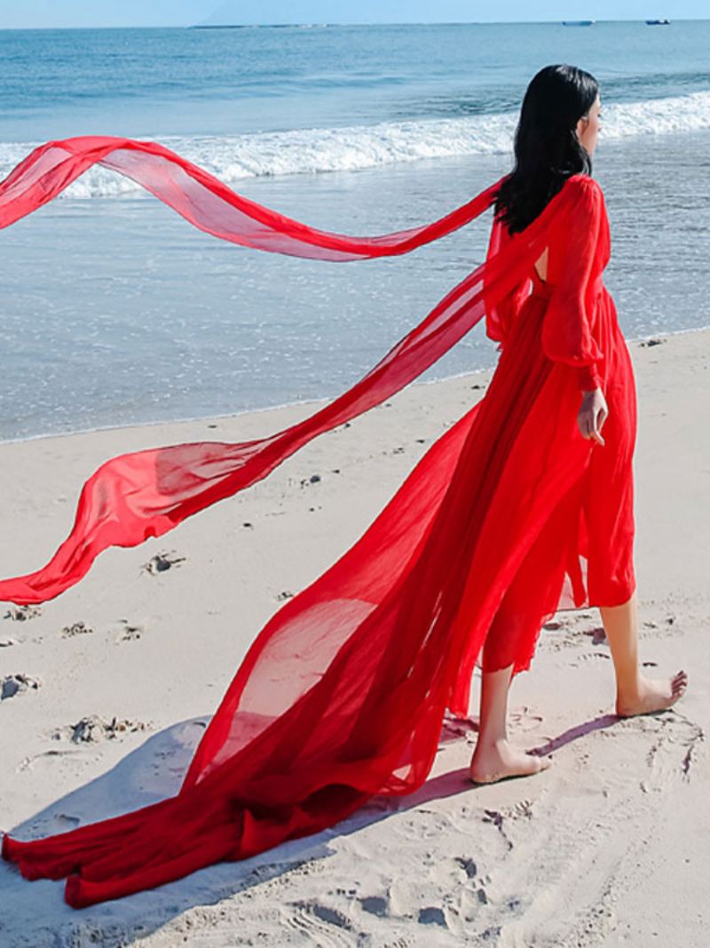 Kvinners Fairy White Maxi Dress Plunge V-back Illusion Tyll Overlay Festkjoler - Rød