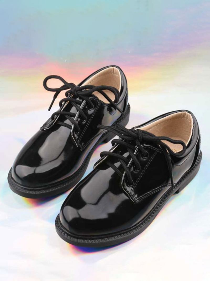Guttekjole Sko Svart Lakken Rund Toe Lace Up Formell Fest For Gutt