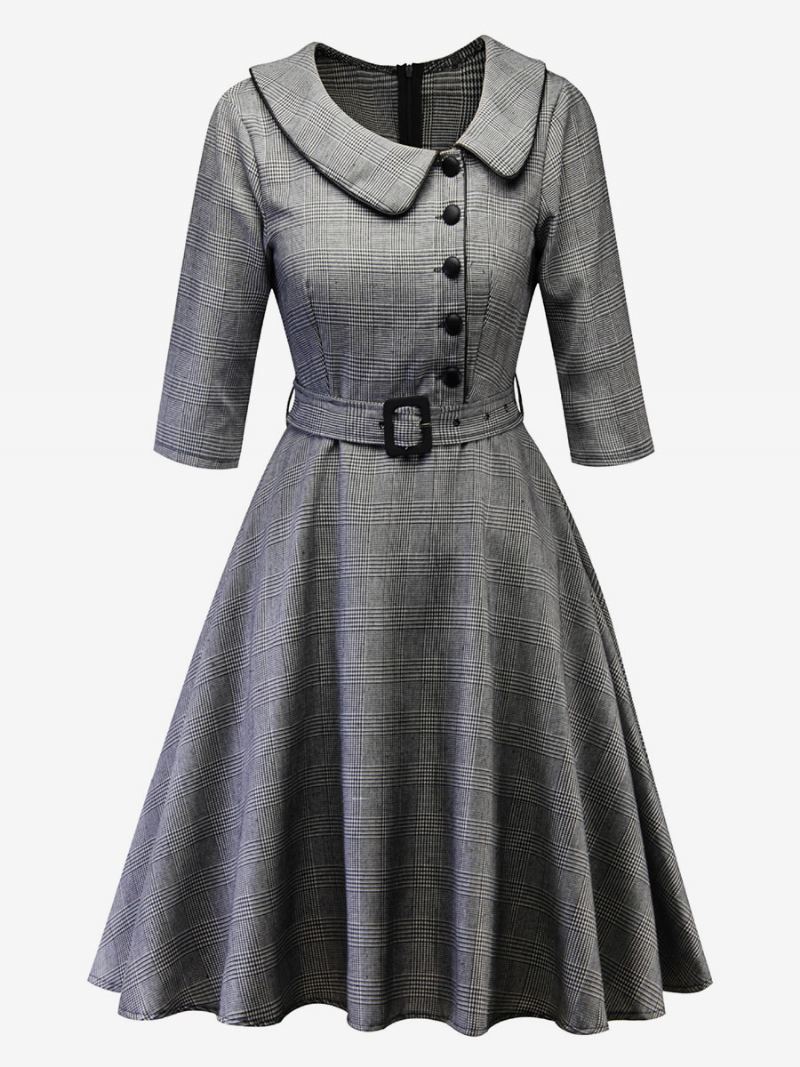 Kvinners Retro Rutete Kjole Uregelmessig Hals Med Belteknapper Dagskjoler - Sort