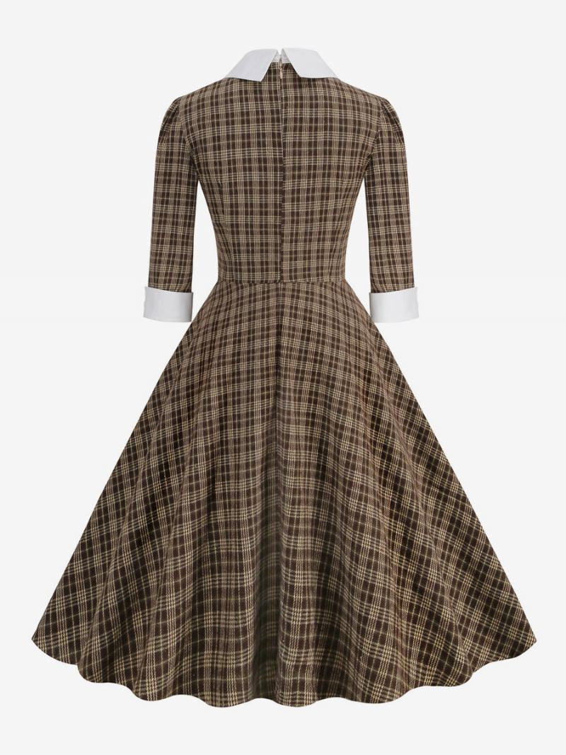 Retro-kjole For Kvinner Skotsk Rutete Audrey Hepburn-stil Elegante Kjoler - Kaffe Brun