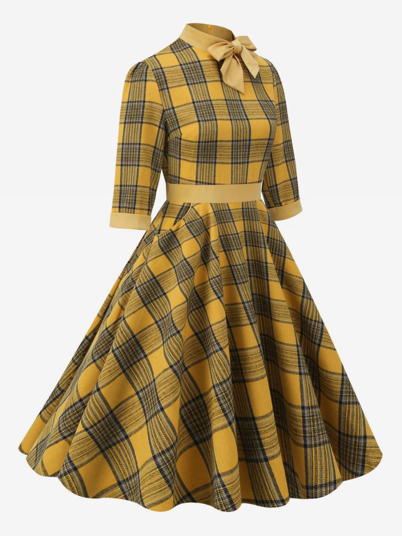 Retrokjole 1950-talls Audrey Hepburn-stil Kaffebrun Rutete Damepiping Halve Ermer Høykrage Swingkjole - Gul