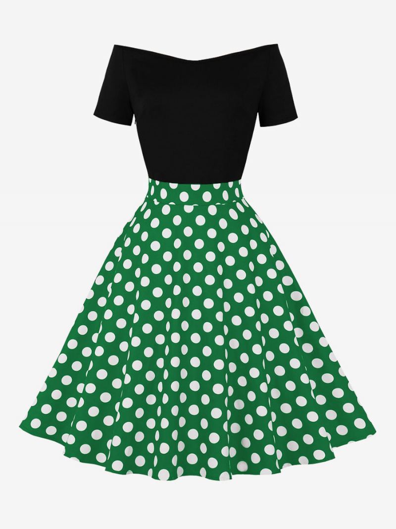 Retrokjole For Kvinner 1950-talls Audrey Hepburn-stil Juvelhals Kortermet Knelengde Polka Dot Rockabilly-kjole - Grønn