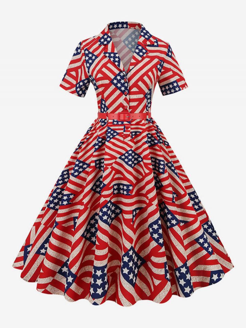 Retrokjole For Kvinner 1950-talls Audrey Hepburn-stil V-hals Sash Lagdelte Korte Ermer Medium Flagg Rockabilly-kjole - Oransje