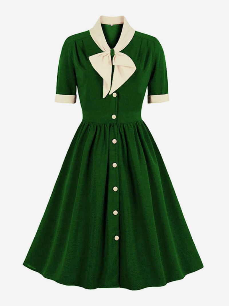 Vintagekjole 1950-talls Audrey Hepburn-stil Grønn Tofarget Dame Volanger Kortermet Rockabilly-kjole - Grønn