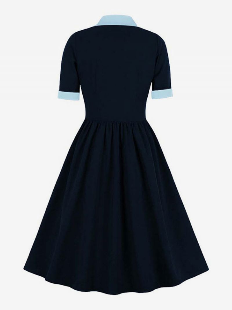 Vintagekjole 1950-talls Audrey Hepburn-stil Grønn Tofarget Dame Volanger Kortermet Rockabilly-kjole - Dyp Blå