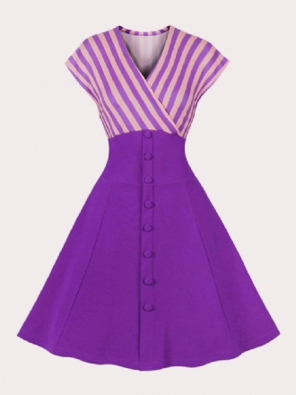 Vintagekjole For Kvinner 1950-talls Audrey Hepburn-stil Blå Striper Rockabilly-kjole Med V-hals