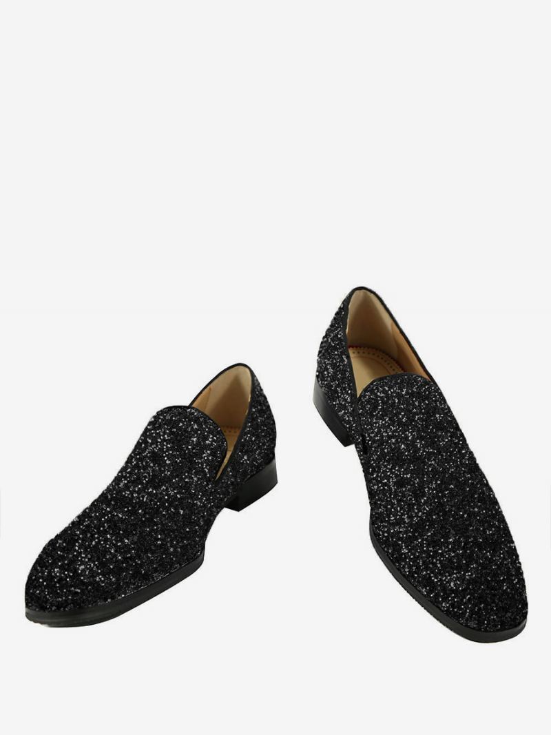 Herre Blå Glitter Paljetter Loafers Rund Toe Slip On Prom Party Bryllup Sko - Sort