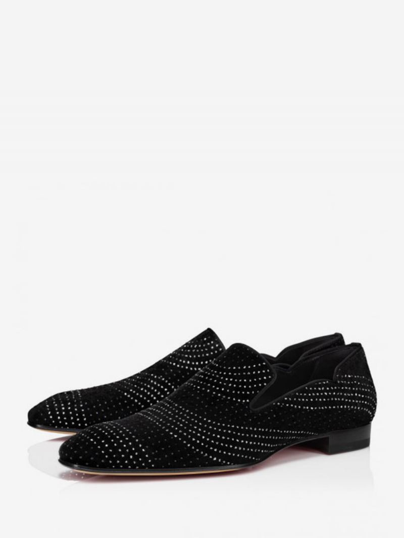 Svart Kjole For Menn Loafers Semsket Skinn Gliiter Rhinestones Slip On Groom Ball Party Bryllupssko