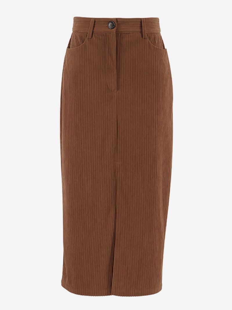 Elegant Cordfløyelskjørt For Kvinner Med Høy Midje Slit Sexy Daily Cacusal Hele Skjørt - Kaffe Brun