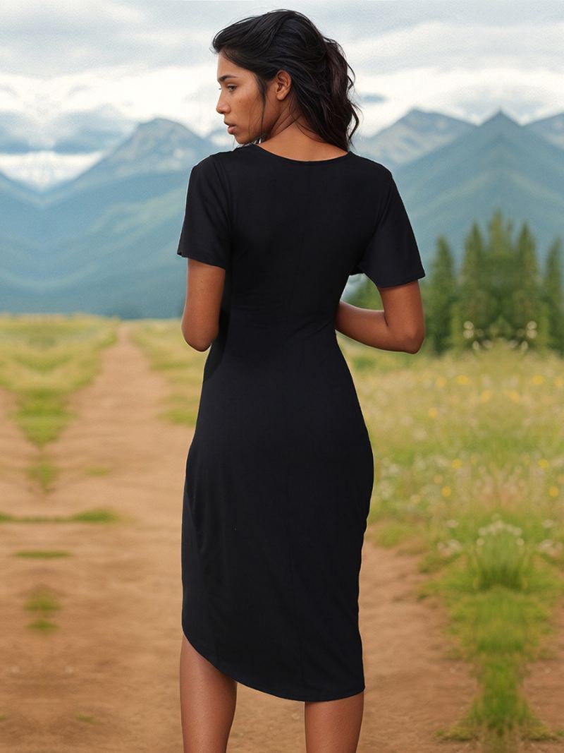 Kvinners Bodycon Kjoler V-hals Korte Ermer Plisserte Lagdelt Elegant Pencil Dress - Svart