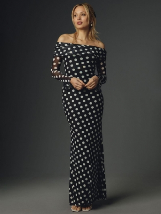 Polka Dot Lang Kjole Off-the-shoulder Lange Ermer Elegant Sommer Maxi For Kvinner