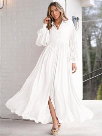 Maxikjole For Kvinner Hvit Turndown-krage Med Lange Ermer Oversized Skjortekjole