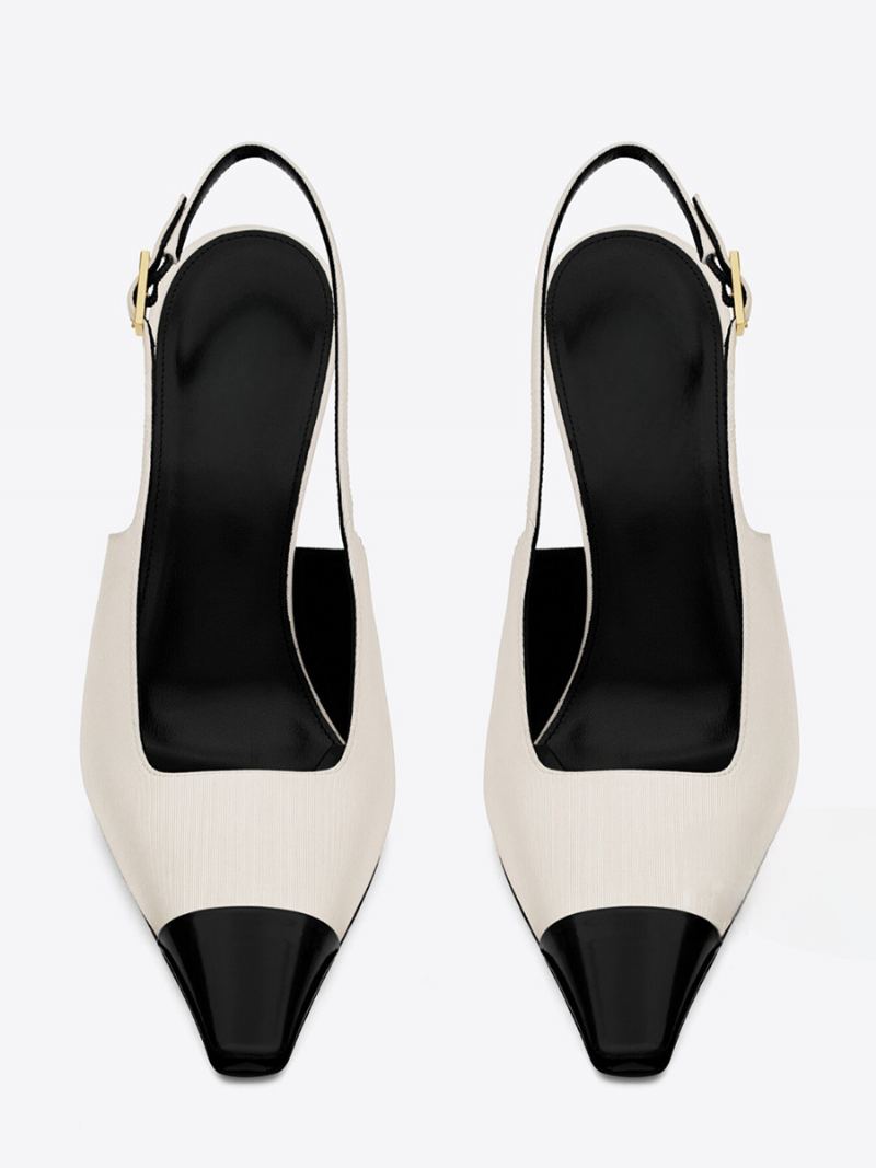 Dame Sateng Slingback Pumps Black Square Toe Stiletto Heel - Hvit