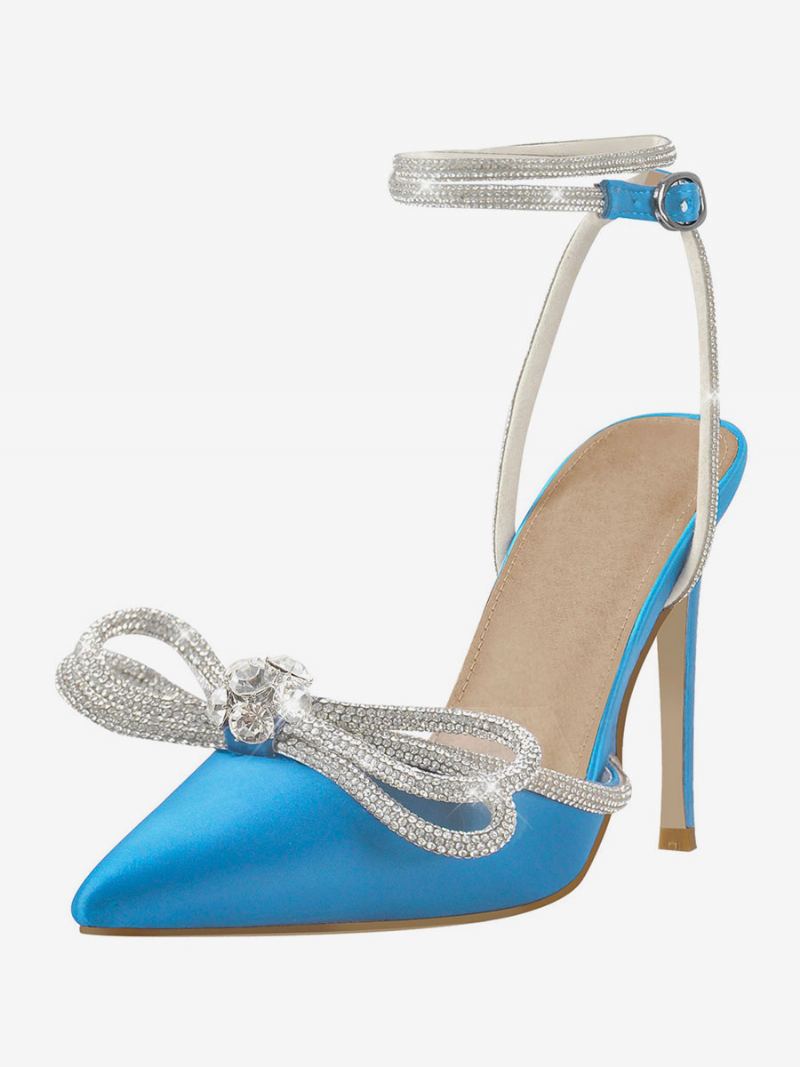 Festsko Med Høye Hæler For Kvinner Sateng Spiss Rhinestones Sløyfe Stiletto-sandaler Ankelrem Ballsko - Lys Himmelblå
