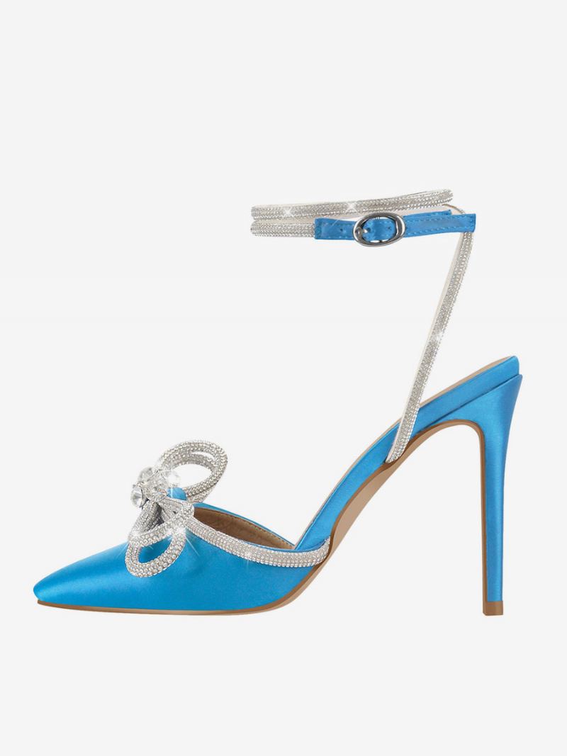 Festsko Med Høye Hæler For Kvinner Sateng Spiss Rhinestones Sløyfe Stiletto-sandaler Ankelrem Ballsko - Lys Himmelblå