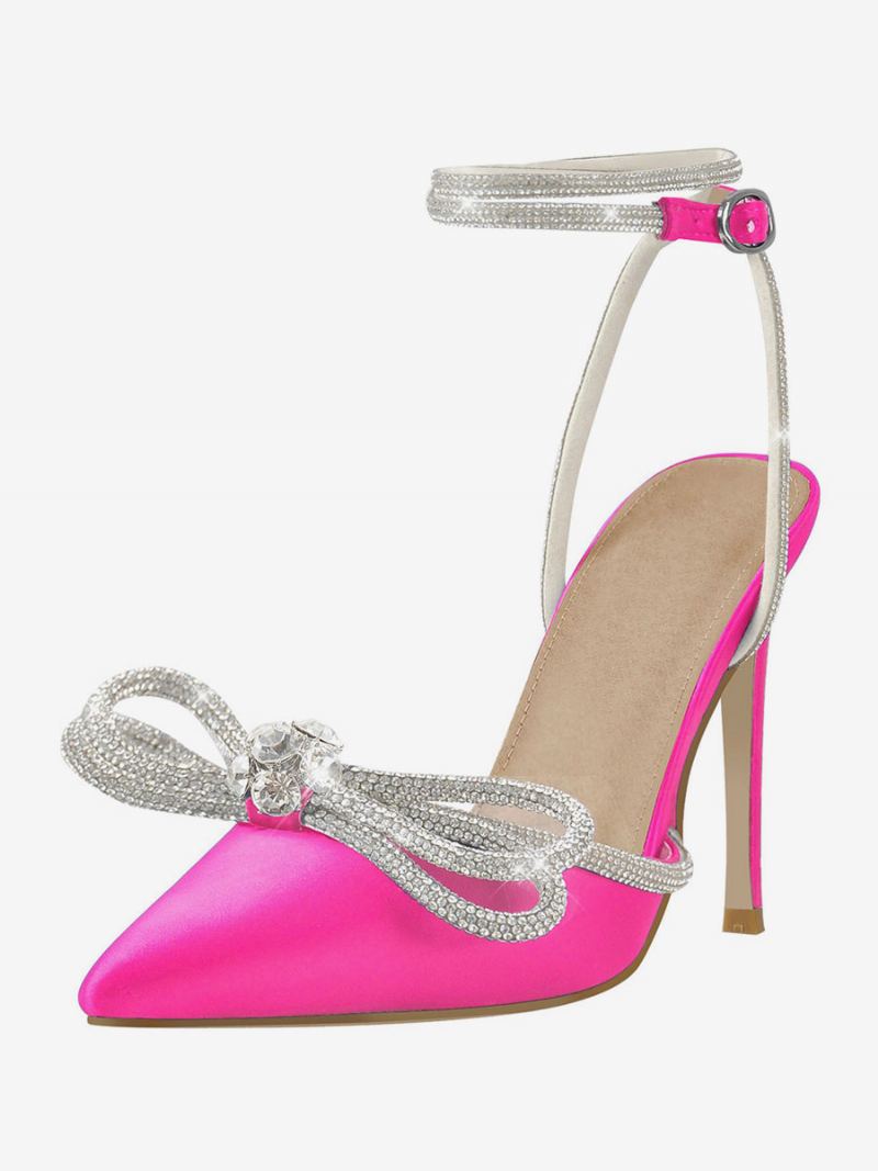 Festsko Med Høye Hæler For Kvinner Sateng Spiss Rhinestones Sløyfe Stiletto-sandaler Ankelrem Ballsko - Rosa