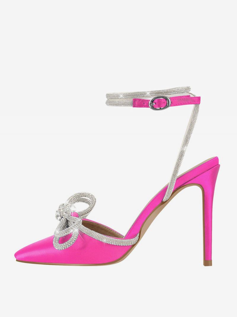 Festsko Med Høye Hæler For Kvinner Sateng Spiss Rhinestones Sløyfe Stiletto-sandaler Ankelrem Ballsko - Rosa