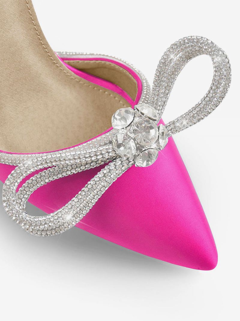 Festsko Med Høye Hæler For Kvinner Sateng Spiss Rhinestones Sløyfe Stiletto-sandaler Ankelrem Ballsko - Rosa
