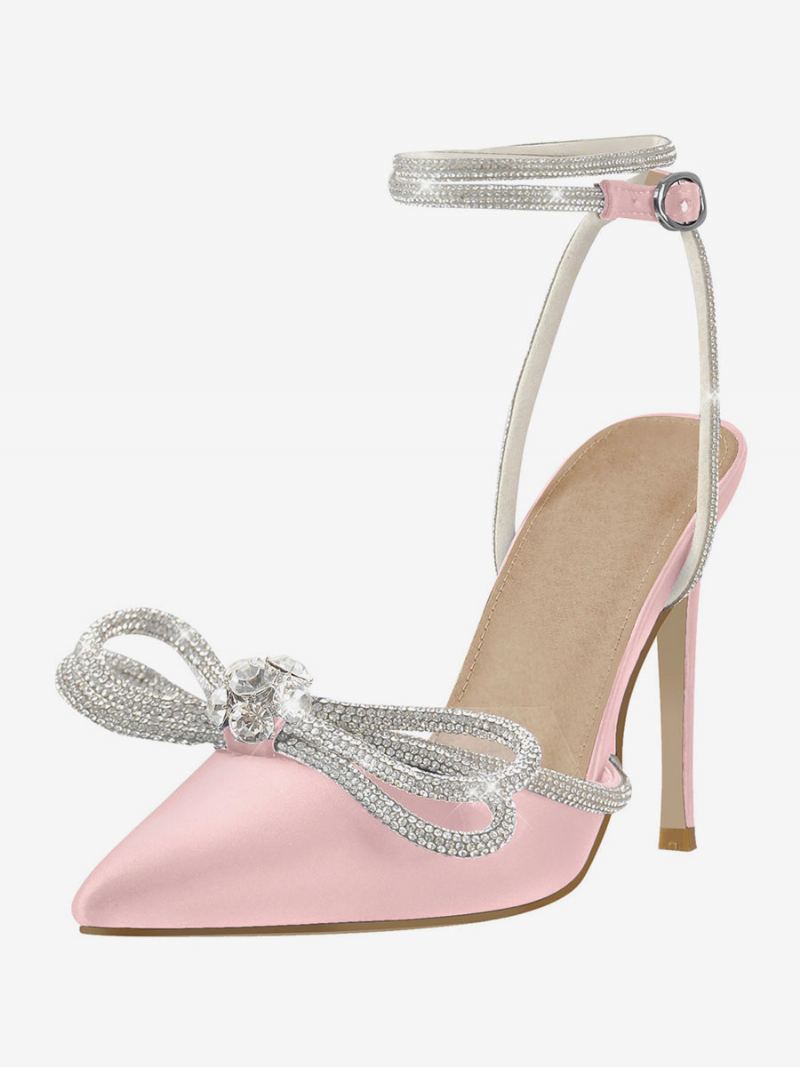Festsko Med Høye Hæler For Kvinner Sateng Spiss Rhinestones Sløyfe Stiletto-sandaler Ankelrem Ballsko - Magenta