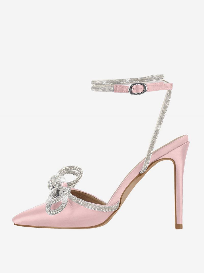 Festsko Med Høye Hæler For Kvinner Sateng Spiss Rhinestones Sløyfe Stiletto-sandaler Ankelrem Ballsko - Magenta