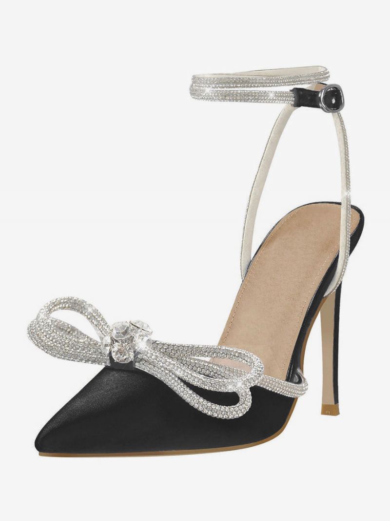 Festsko Med Høye Hæler For Kvinner Sateng Spiss Rhinestones Sløyfe Stiletto-sandaler Ankelrem Ballsko - Sort