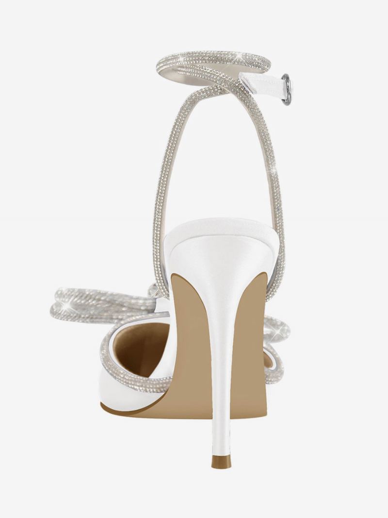 Festsko Med Høye Hæler For Kvinner Sateng Spiss Rhinestones Sløyfe Stiletto-sandaler Ankelrem Ballsko - Hvit