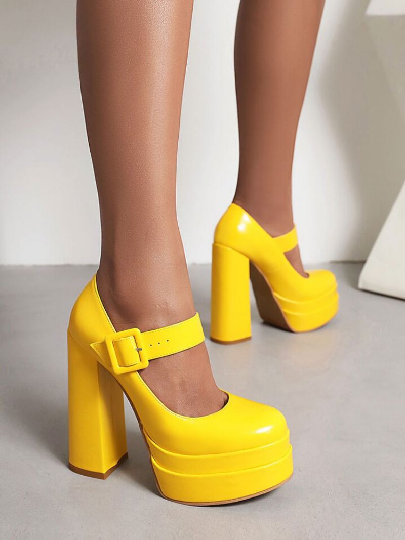 Høye Hæler For Kvinner Plattformsko Chunky Heel Pu-lærpumper - Gul