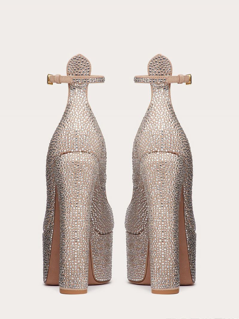 Høye Hæler For Kvinner Plattformsko Rhinestones Chunky Heel Ankelstropp Festsko - Champagne