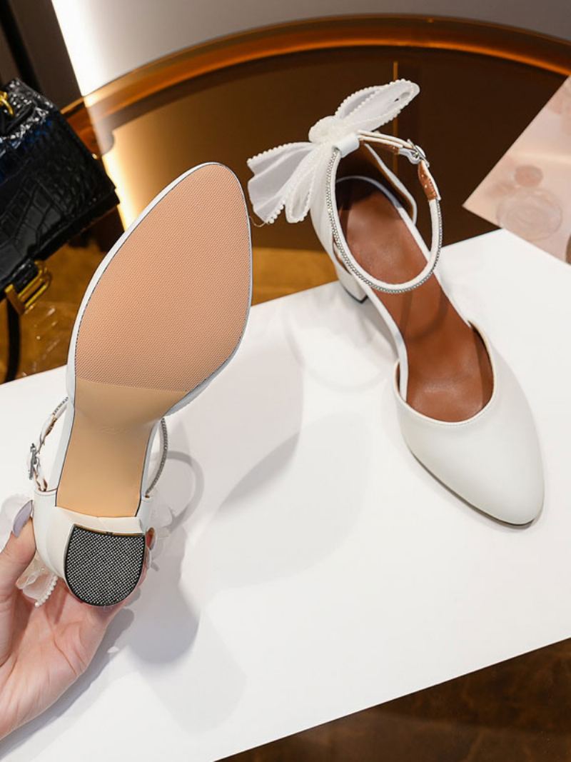 Kvinners Block Heel Pumps Buer Rund Toe Ankel Strap - Hvit