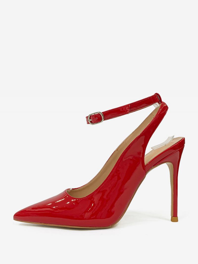 Kvinners Svarte Høye Hæler Spisse Tå Stiletthæl Ankelstropp Slingback Pumps - Rød